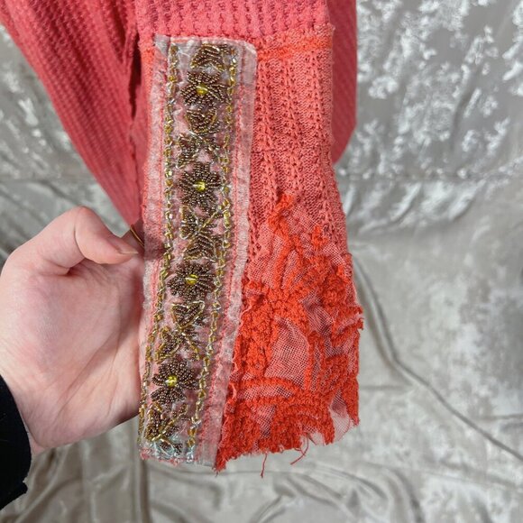 Aratta Silent Journey Waterfall Waffle Knit Open Cardigan Beading Boho Size M - Picture 6 of 10